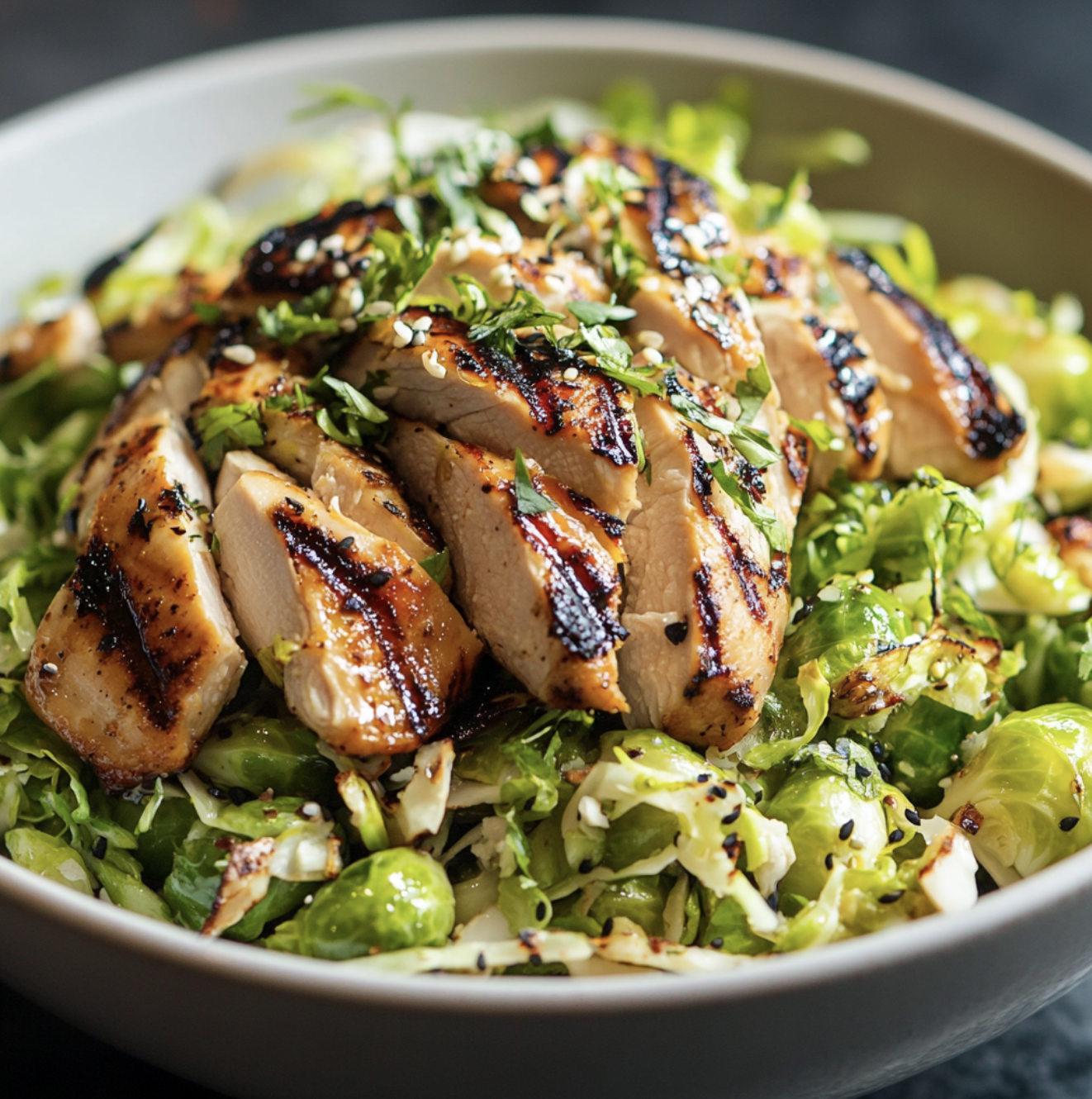 SHAVED BRUSSELS SPROUT SALAD WITH CHICKEN