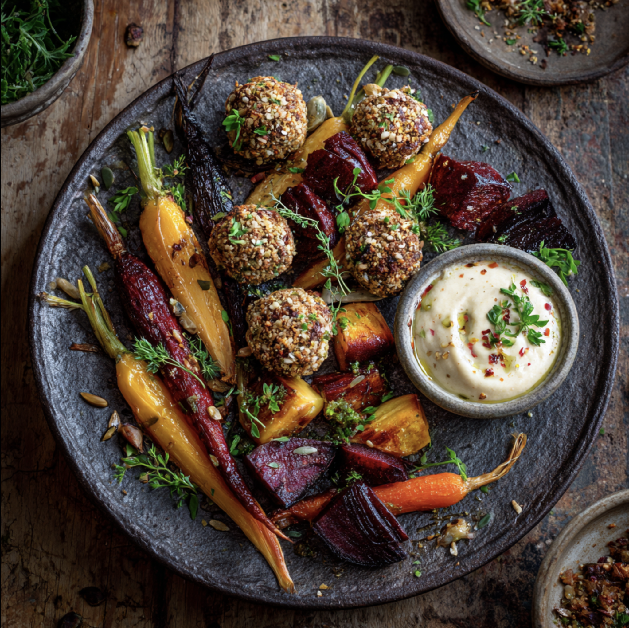 Spiced Hemp & Goat Cheese Balls with Warm Roasted Vegetables