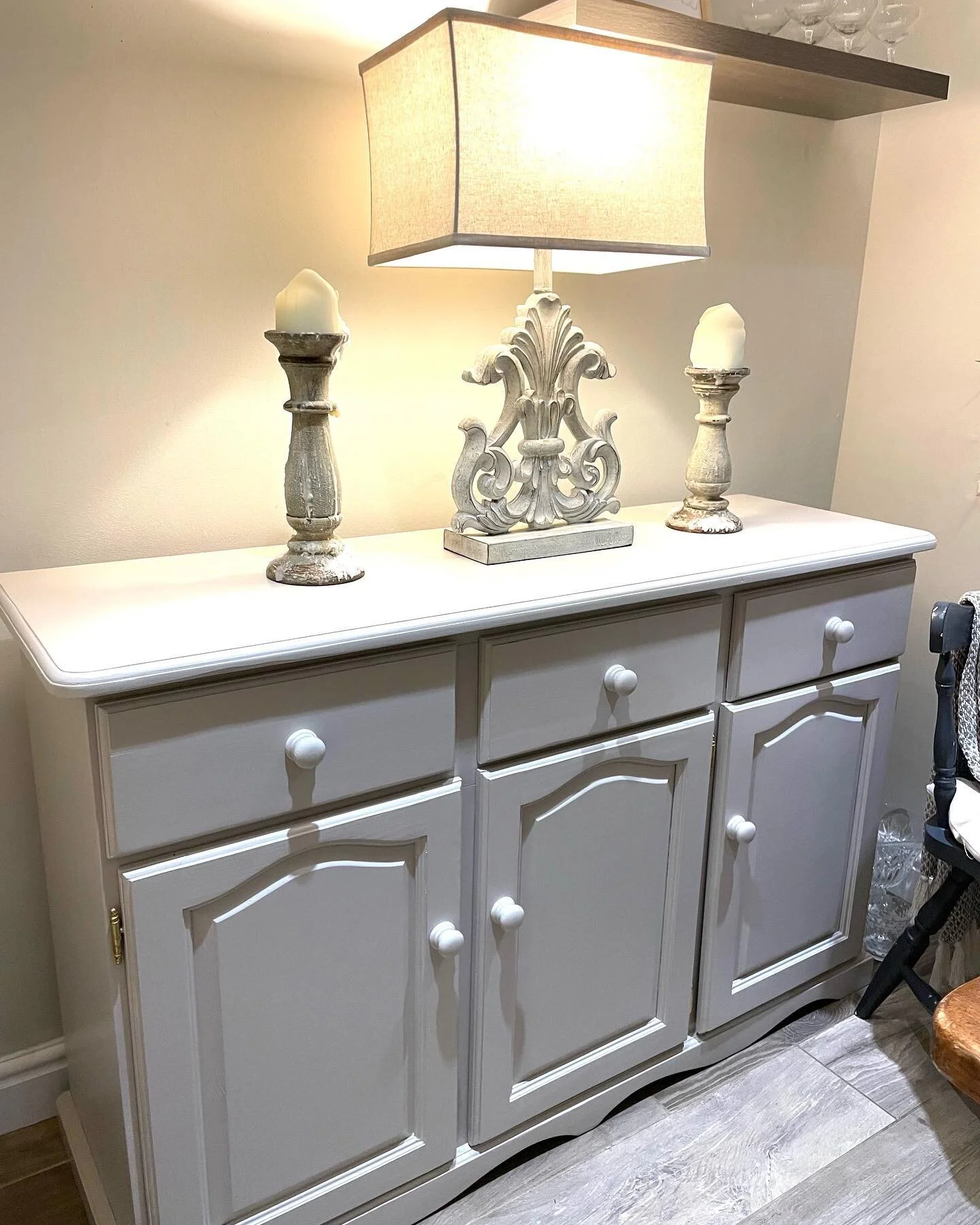 Transformed from an orange pine sideboard into an elegant piece of furniture . Now in situ in my friends dining room . #pinefurniture #furnituremakeovers #mydiningroom #diningroomfurniture #upcycledfurniture