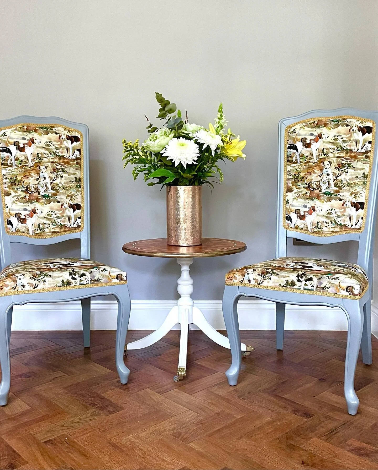 I delivered all these revived and restored pieces to one client yesterday. I love Laura&rsquo;s choice of fabric and colour . The chairs were mouldy and very damaged . The little table sanded down beautifully and came to life when I oiled it . #furni