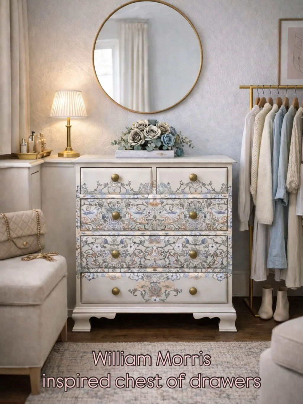 We created these three William Morris themed chest of drawers in 2025 for clients and just love this transfer 
Every detail was carefully considered &mdash; from the gentle distressing to the balance between classic heritage style and modern living. 