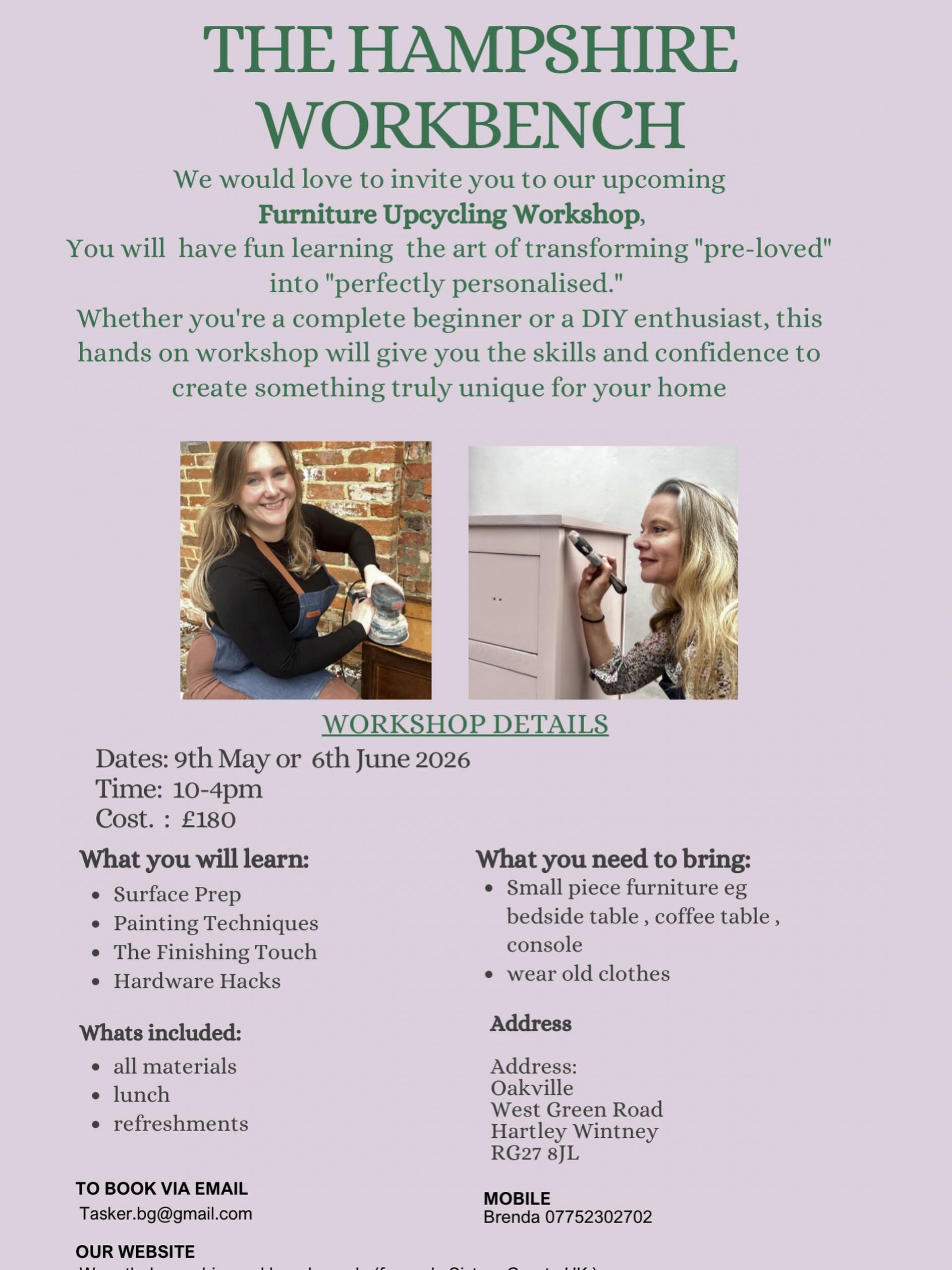Two new dates for our Furniture Upcycling Workshop . 9th May or 6th June . Message me to book your spot . 
Lots of exciting things happening - We are rebranding and changing our name to The Hampshire Workbench 
- we just featured in The Hampshire Lif