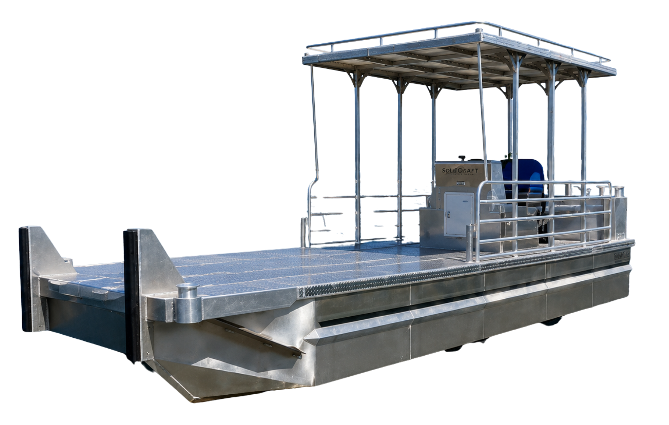 A metallic platform or lift with guardrails, likely used for construction or maintenance, with open space underneath and a black background.