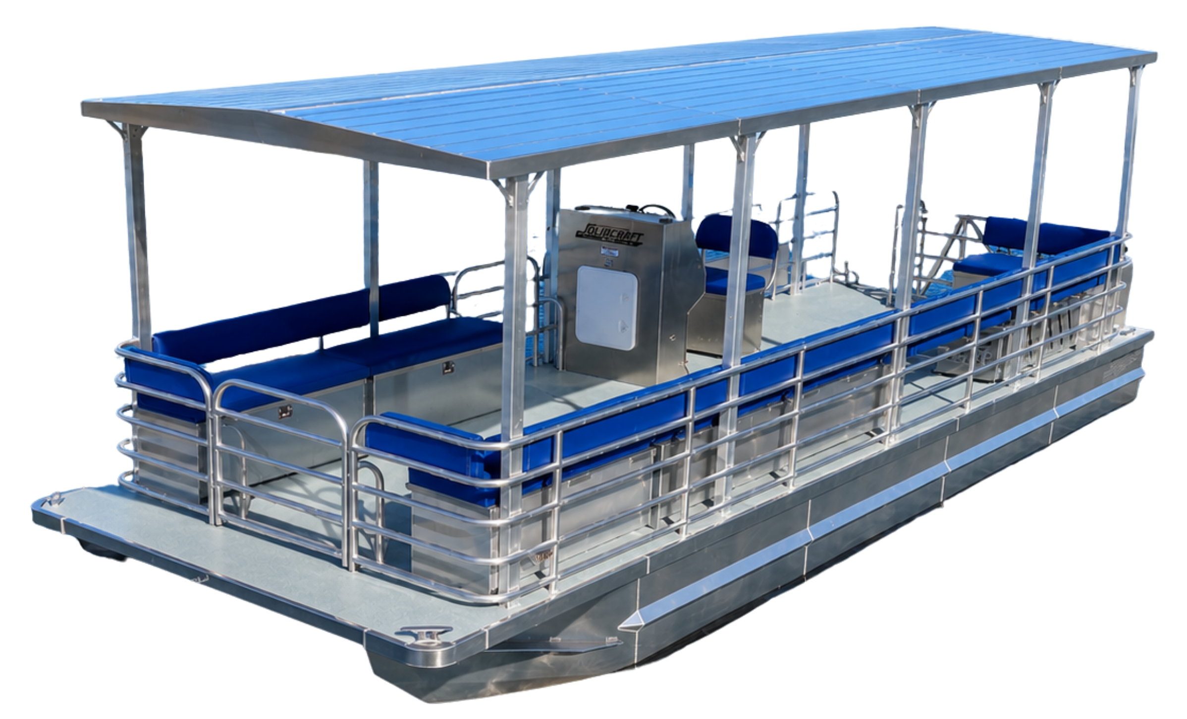 A large, open-air, metallic amusement park ride with blue seats and a canopy roof, designed for multiple passengers.