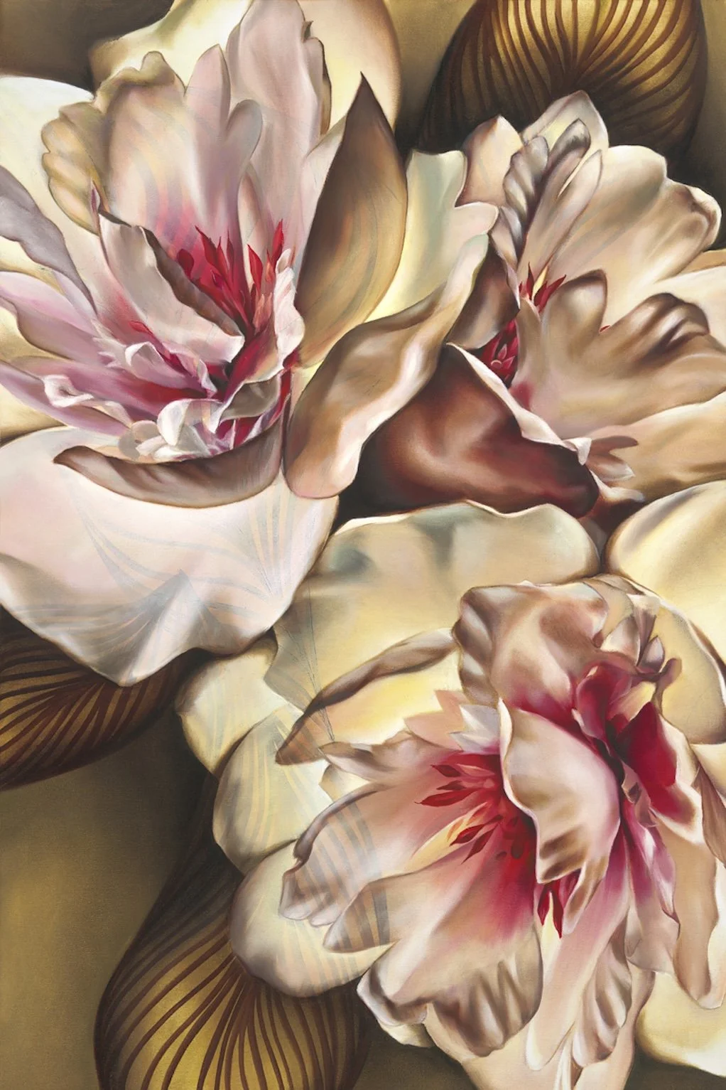 Festival by Dana Teruya Len, peony floral oil painting with warm yellow and brown tones and a vintage-inspired feel, contemporary fine art for interiors