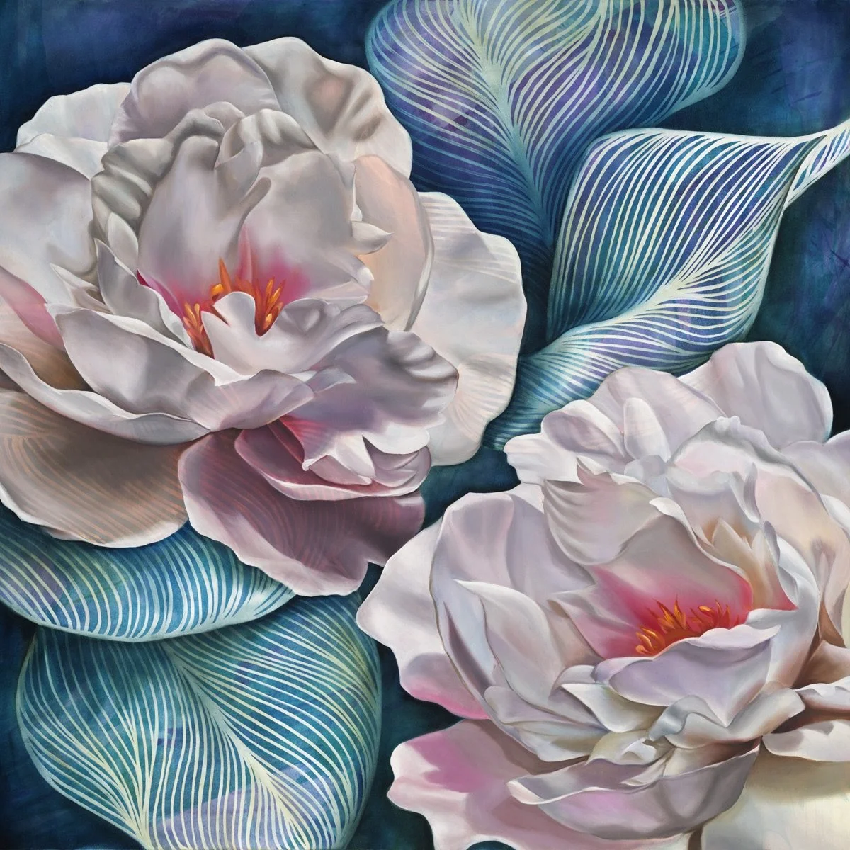 Summer by Dana Teruya Len, large-scale peony floral oil painting with pink, blue, and white tones, contemporary fine art for interiors
