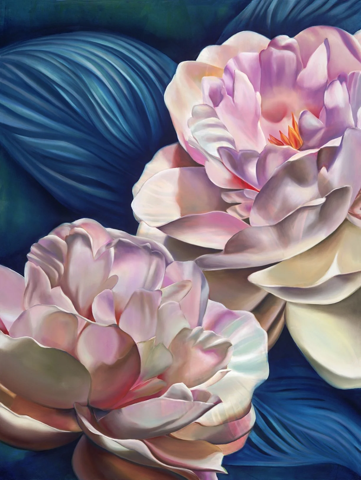 Edge of Midnight by Dana Teruya Len, peony floral oil painting with pink blooms against deep blue background, contemporary fine art for interiors