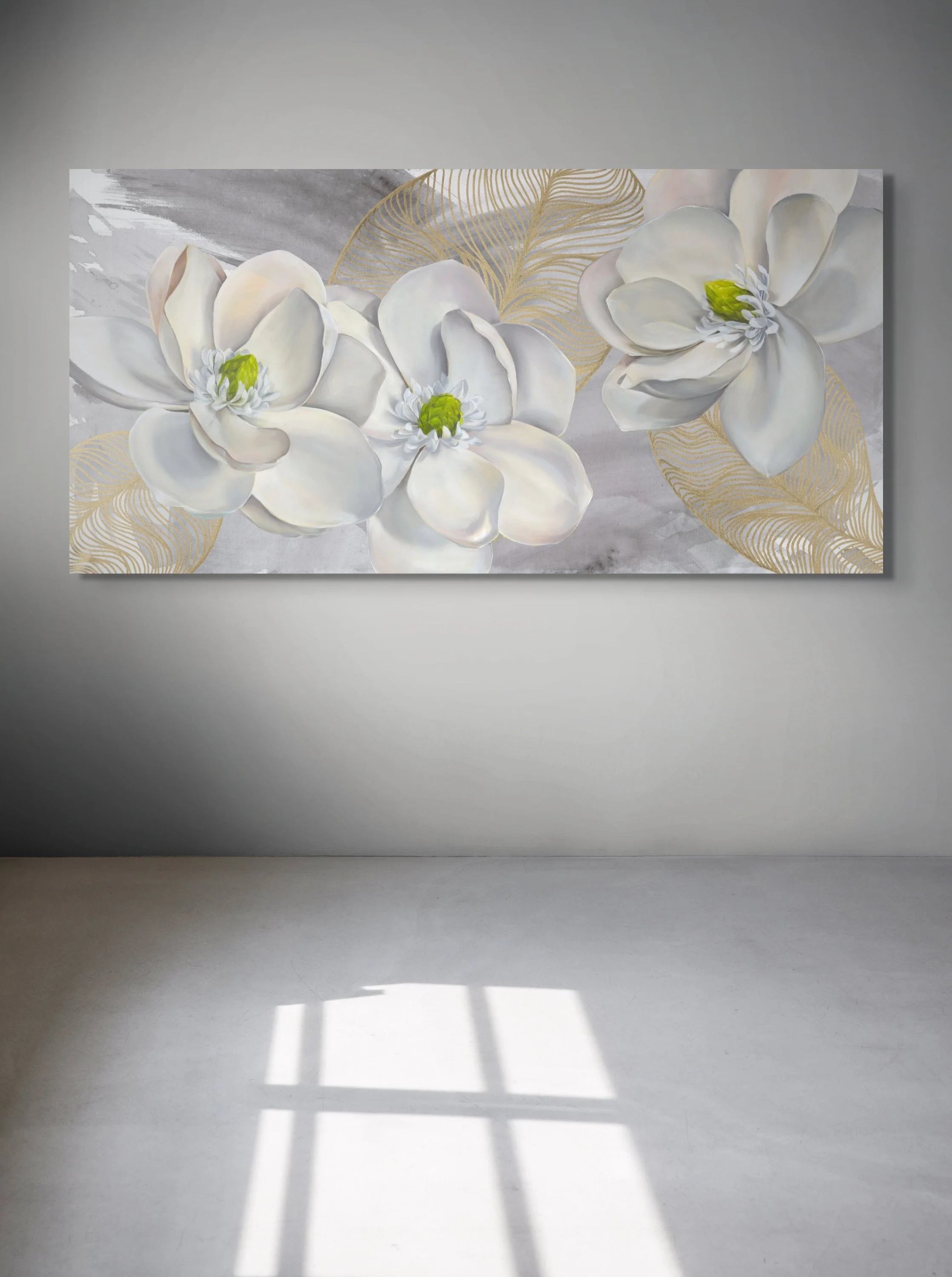 Magnolia floral wall art with white flowers and gold accents in a modern interior, original painting by Dana Teruya Len