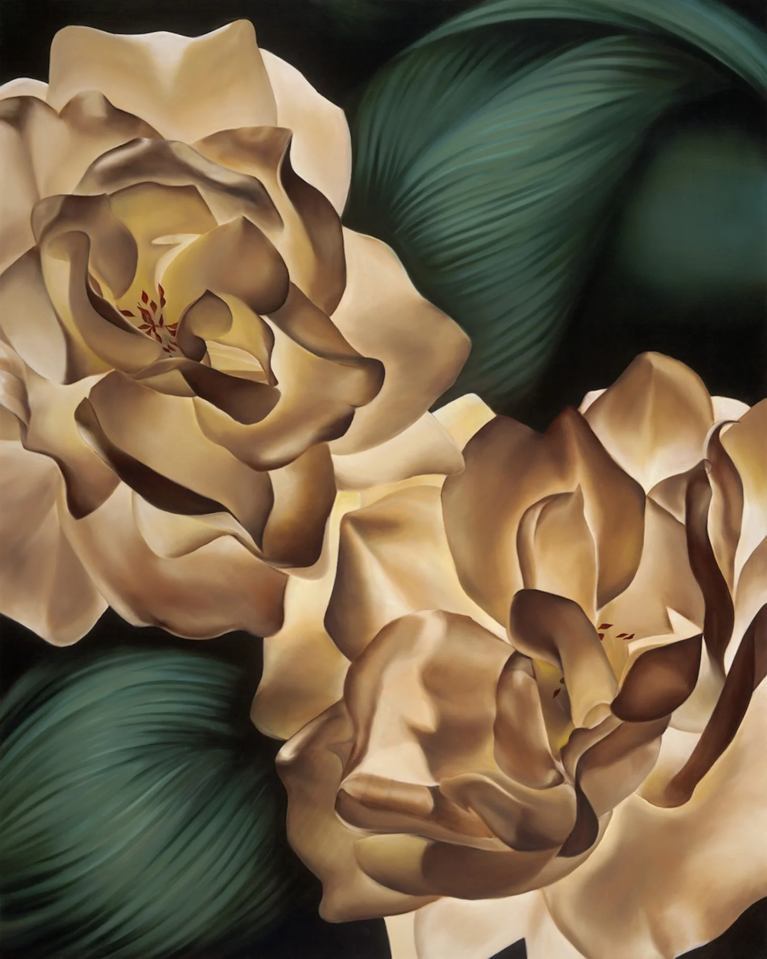 Double Mocha by Dana Teruya Len, rose floral oil painting with warm brown tones against deep green background, contemporary fine art for interiors