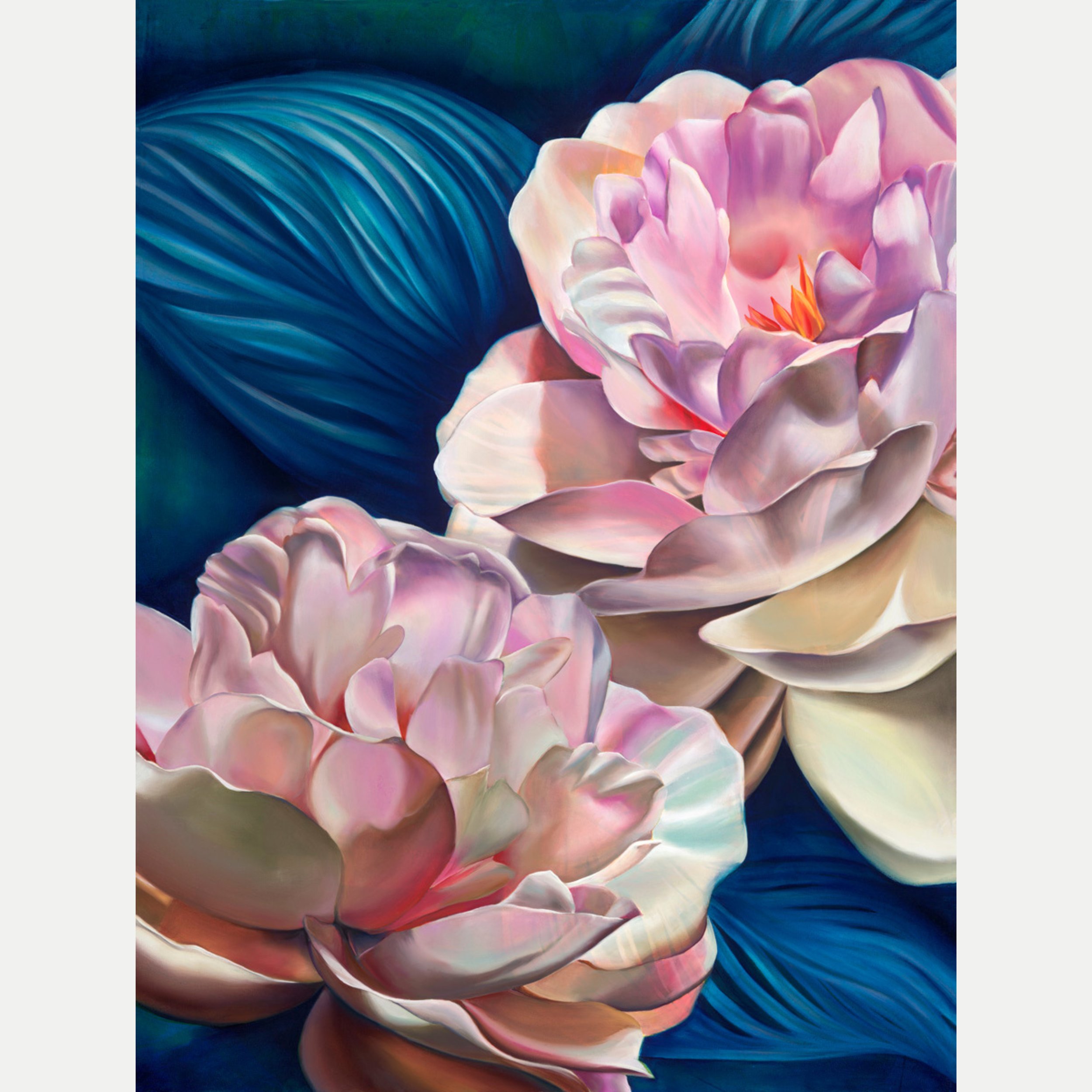Large-scale floral oil painting with soft pink blossoms against deep blue background by Dana Teruya Len