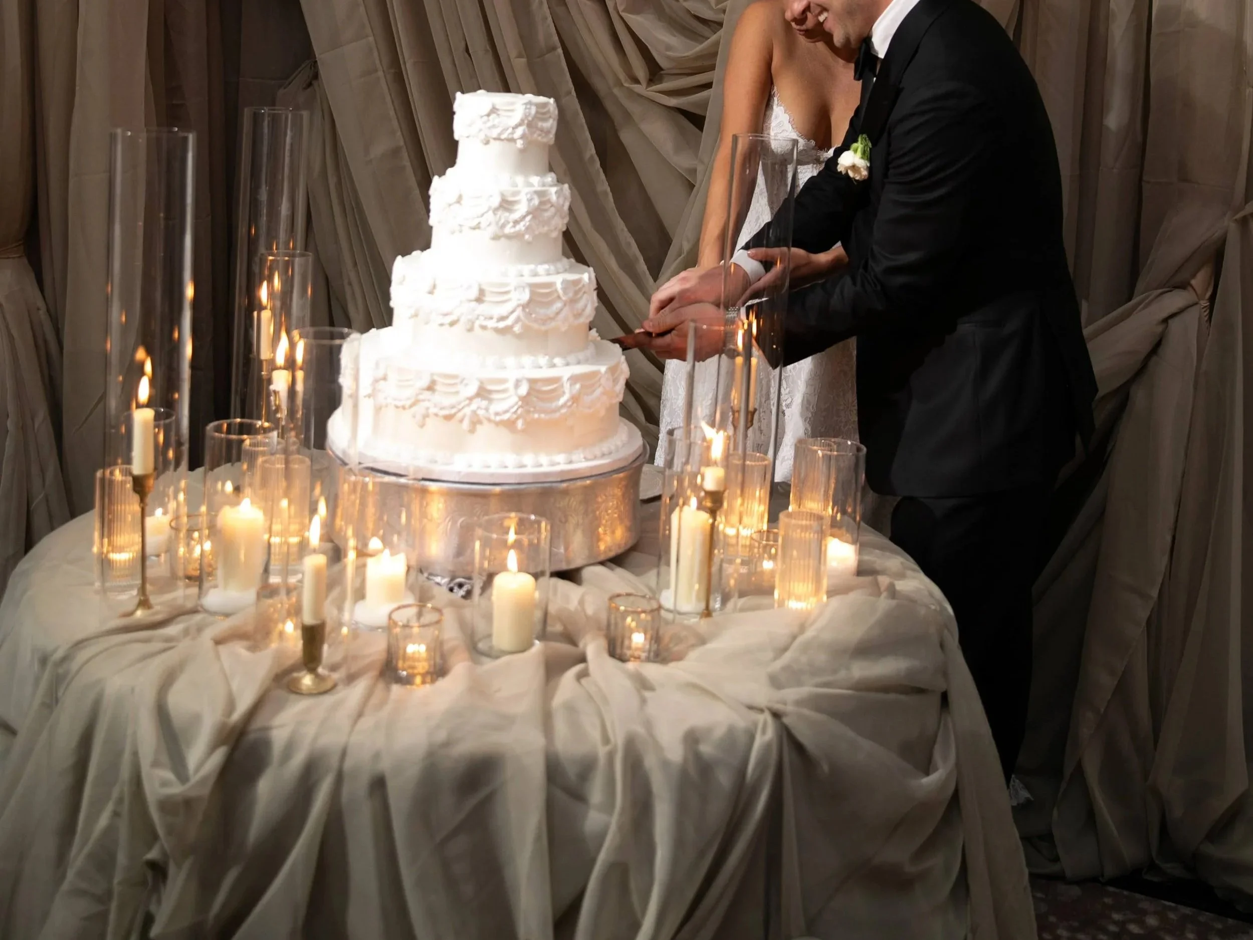 Back Wall Draping in Taupe Sheer with Design Work & Table Draping 