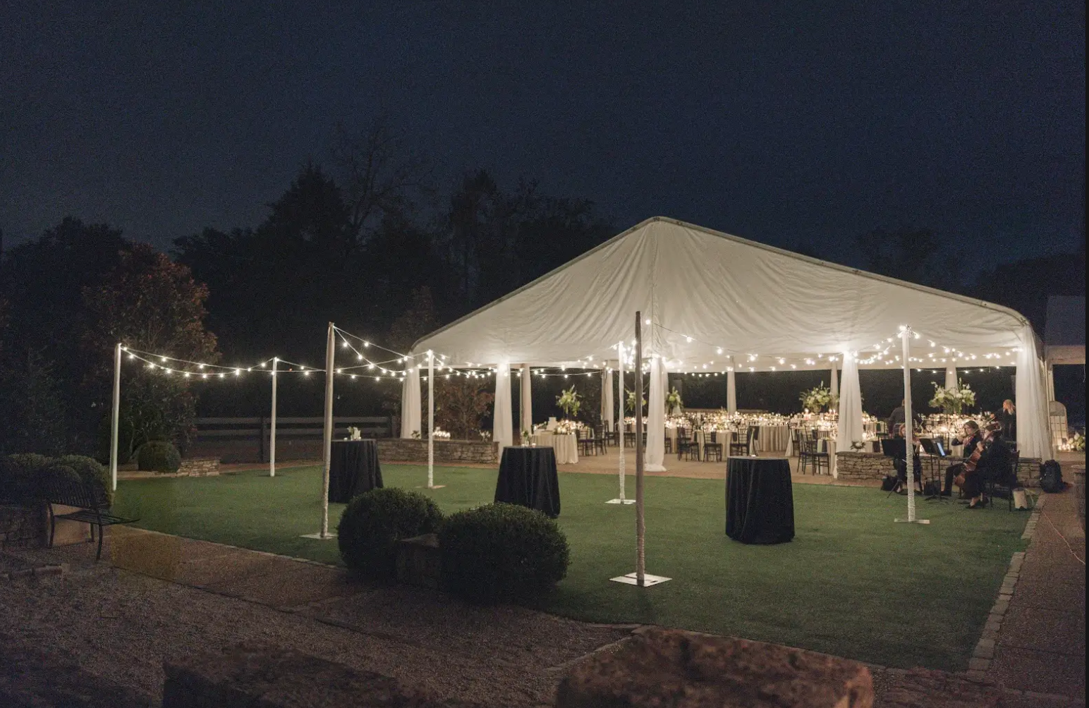 String Lighting with White Draping over Gaming Area *Black String Lighting & Hardware Available*