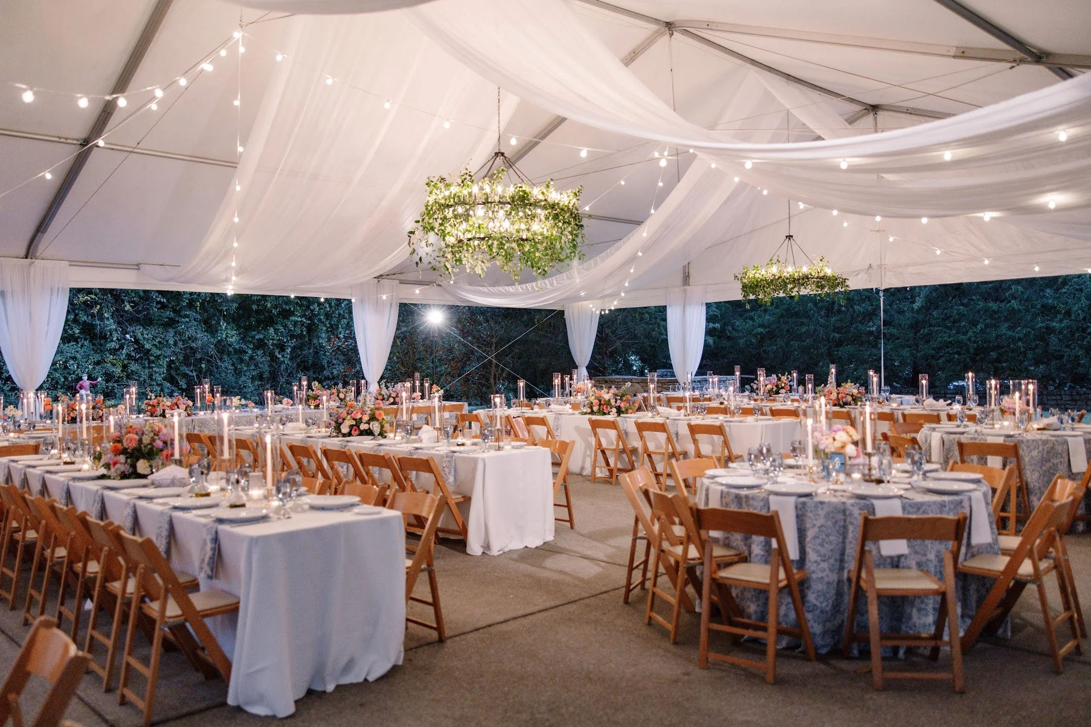 Billow Draping, Double Renaissance Chandelier, Hour-Glass Draping, & String Lighting