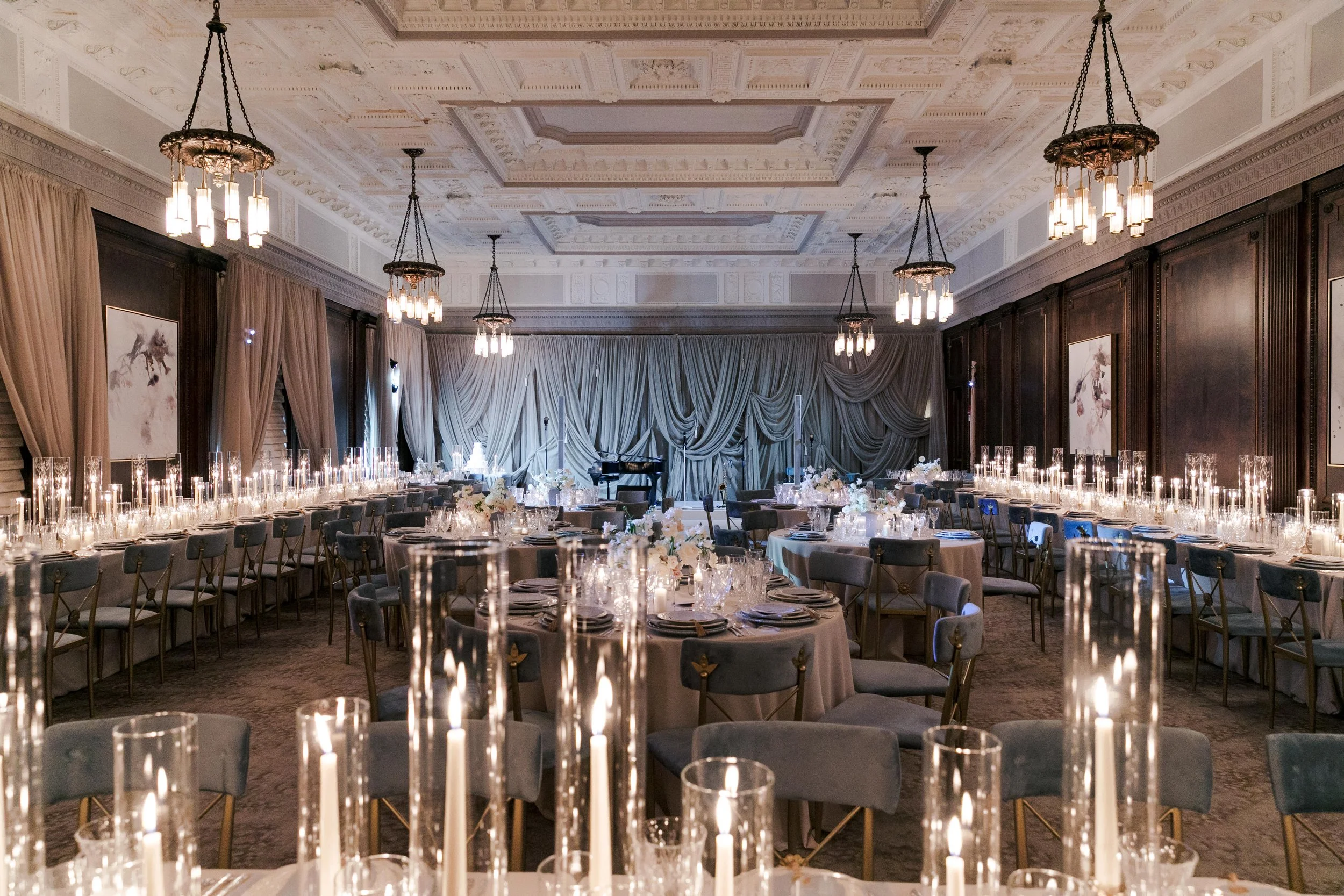 Back Wall Draping in Taupe Sheer with Design Work