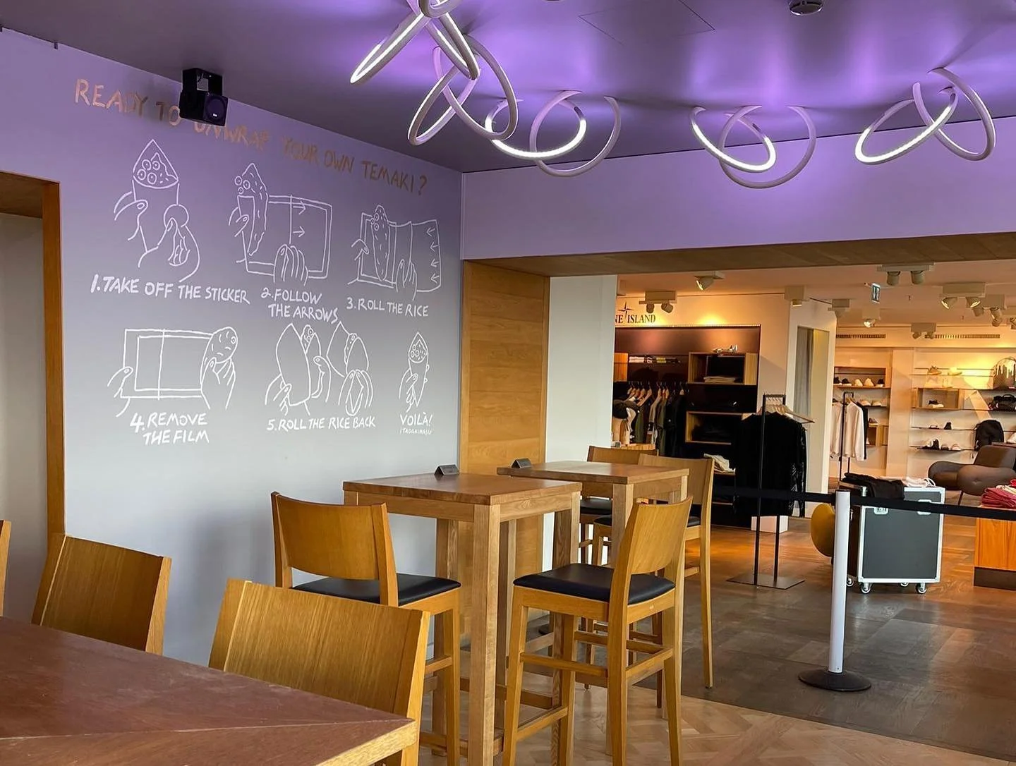 Wall mural design for sushi restaurant inside Bon Génie, Geneva, created by Japanese freelance illustrator Sayori Wada