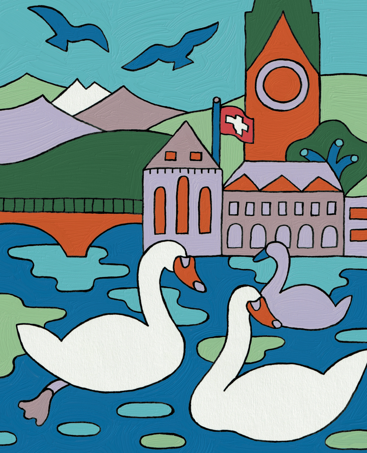 Cover illustration for LAND TO LAND journal featuring a view of Zürich through Sayori Wada’s eyes.