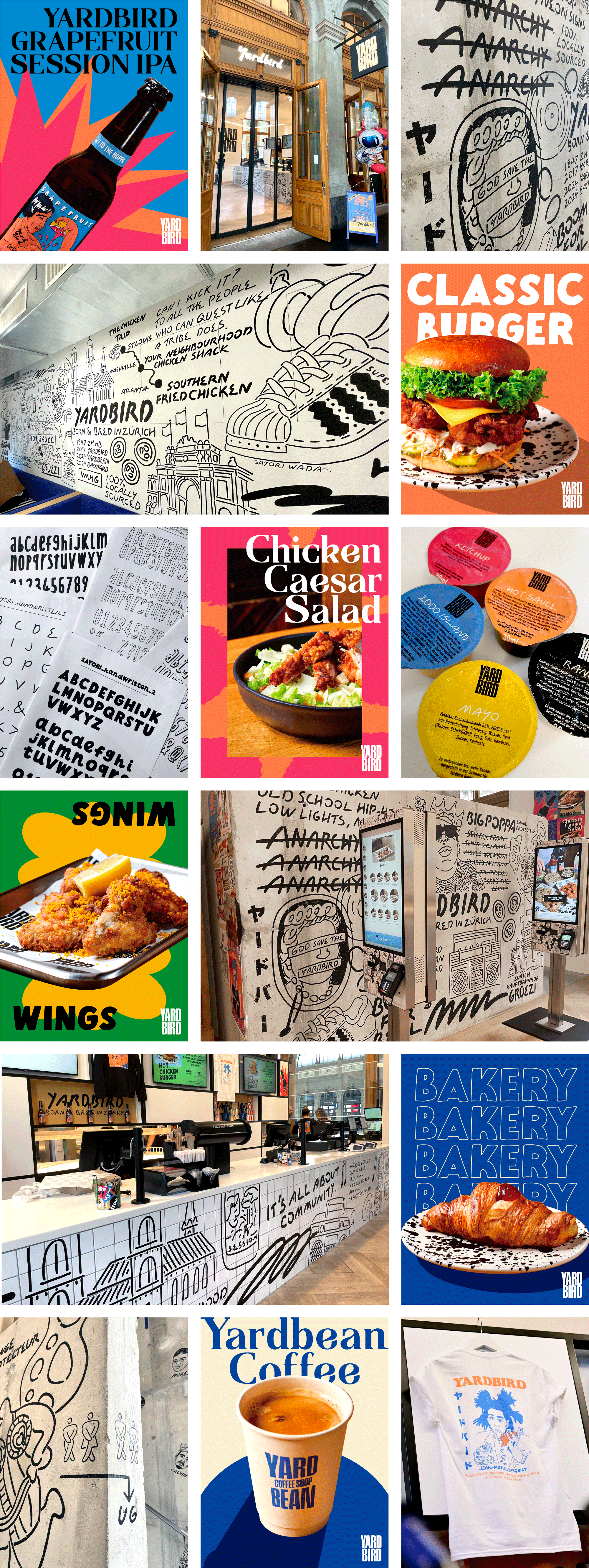 Mural and graphic design for Yardbird Zürich Hauptbahnhof by freelance illustrator Sayori Wada