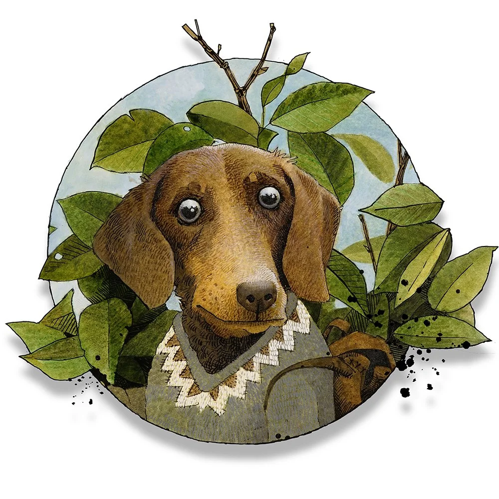 Illustration of a brown dog with big eyes, wearing a sweater, surrounded by green leaves and branches.