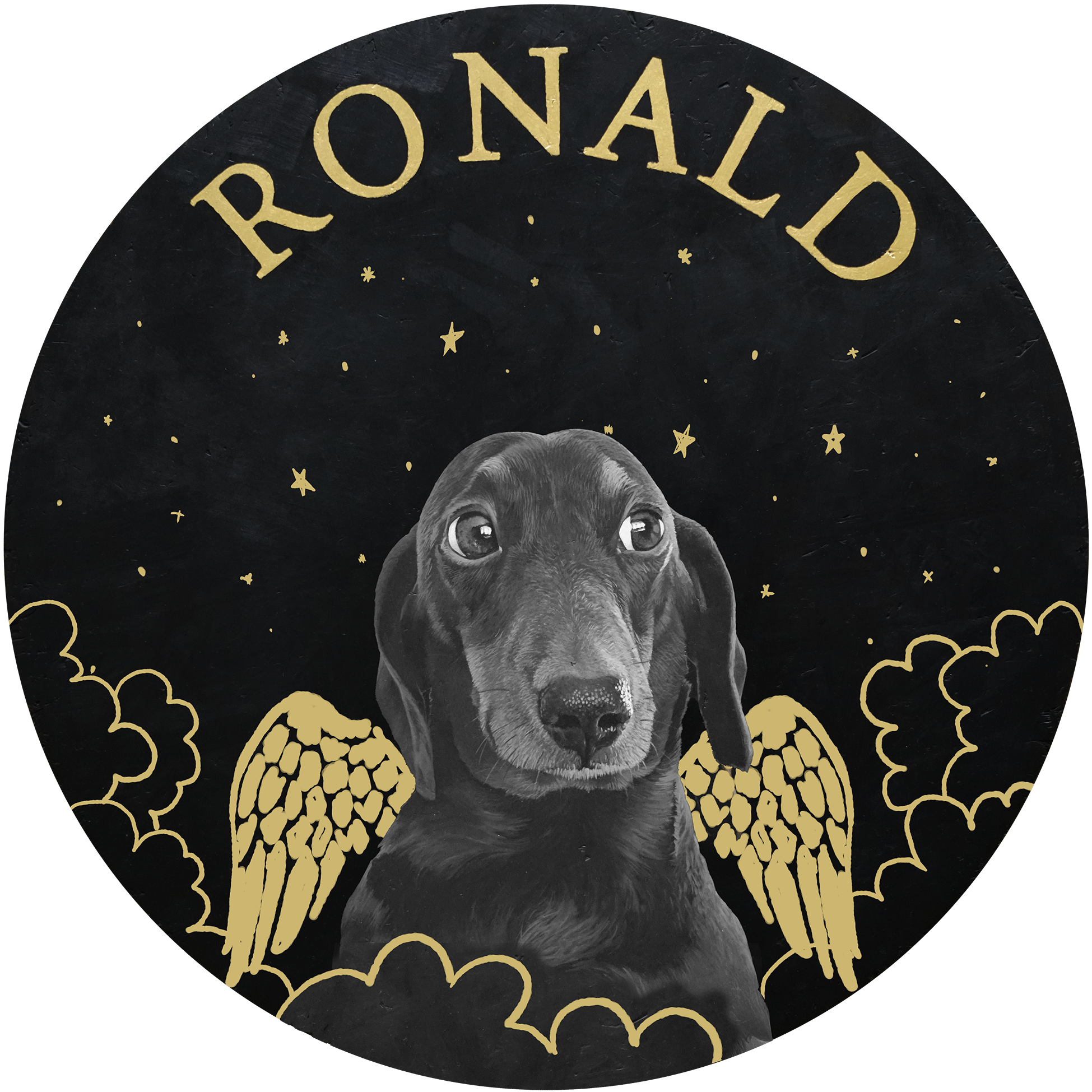 Black circular sign featuring a black Labrador retriever puppy with angel wings among clouds, stars, and the text 'RONALD' at the top.