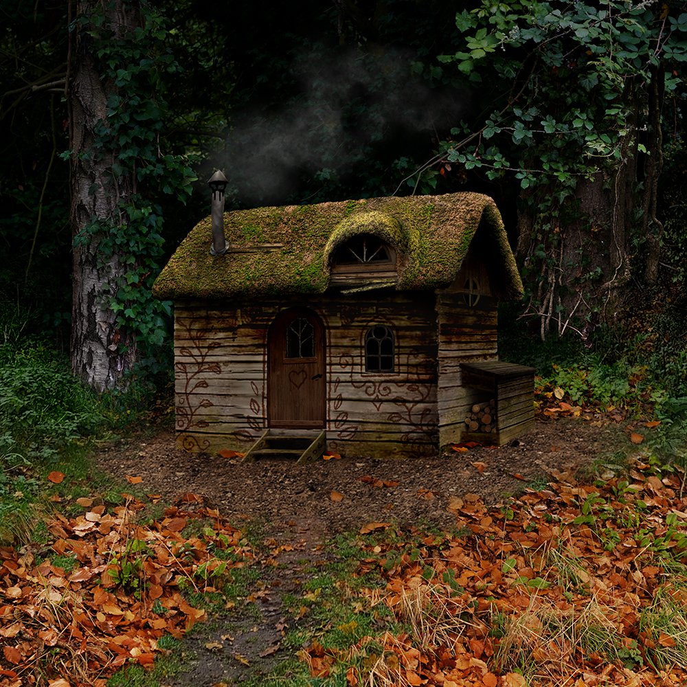 Tiny wooden house with moss-covered roof, surrounded by trees and fallen autumn leaves.