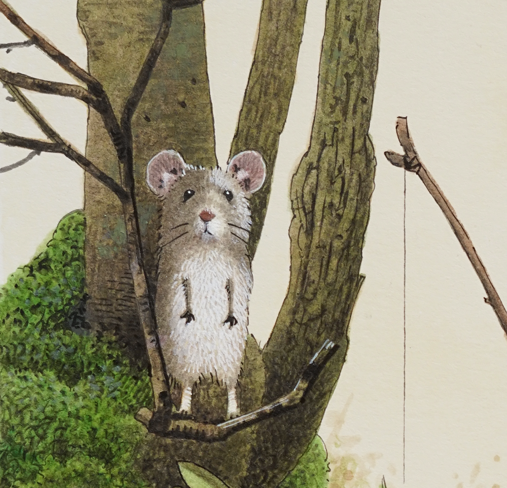 Watercolor illustration of a small mouse standing on a tree branch with green moss and barren branches around.