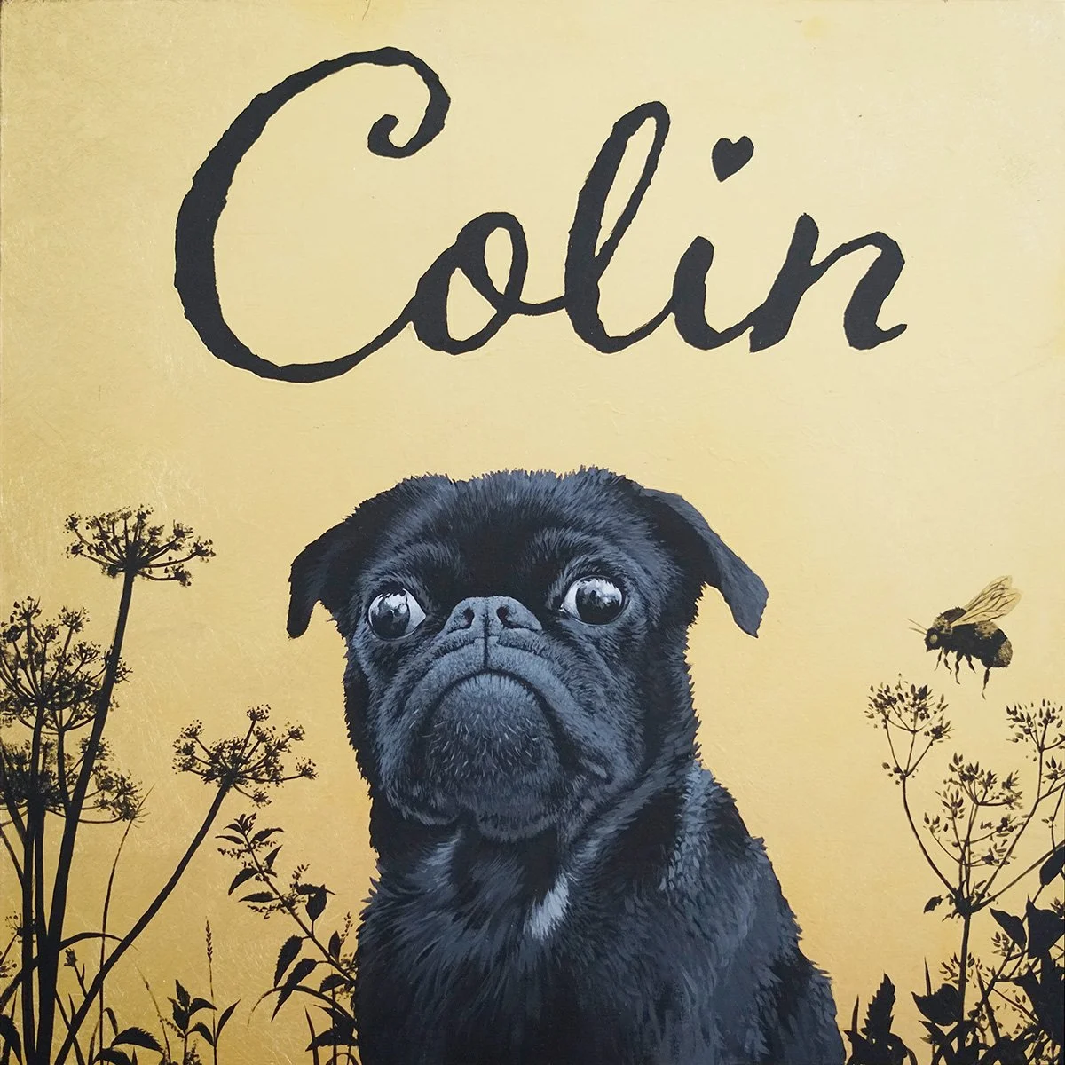 Gold leaf painting commission of a dog - Contemporary British artist, Andrew Mortimer