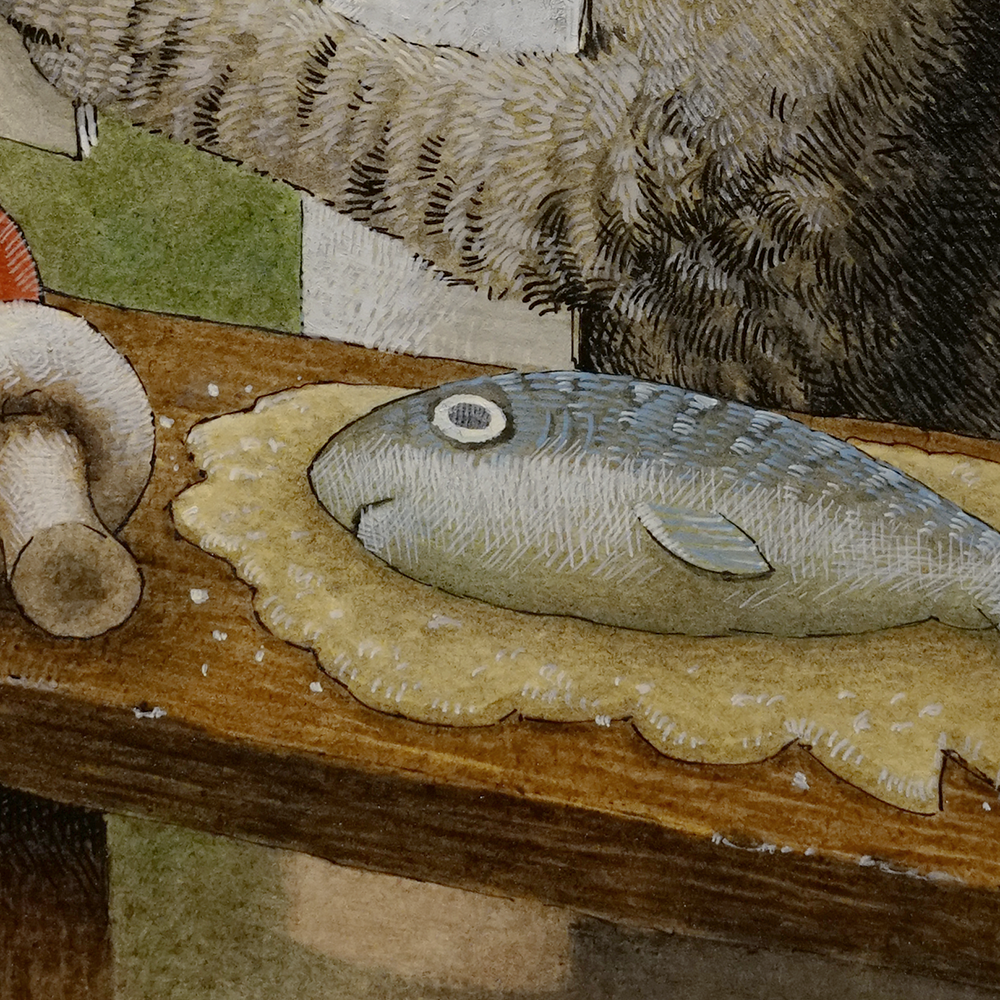 A fish lying on a piece of dough on a wooden surface with some shells and a background of fur and fabric.