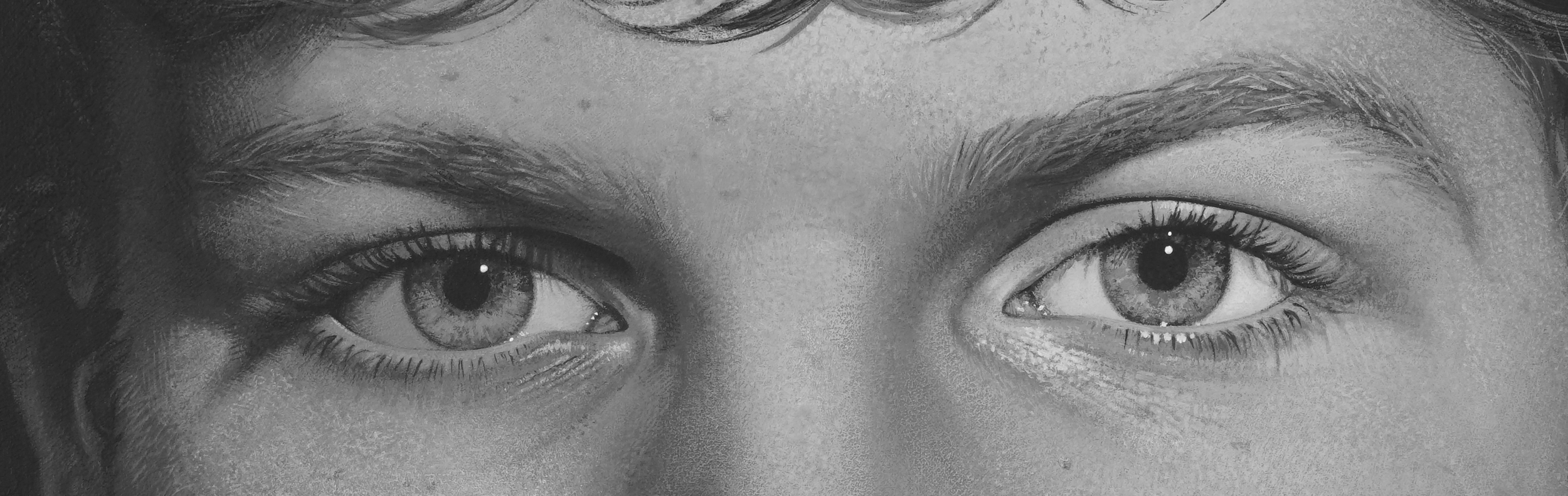 A close-up black and white painting of a person's eyes, eyebrows, and part of their forehead.
