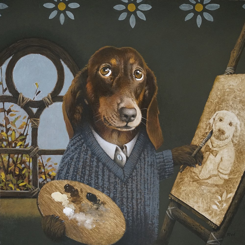 A dog with the body of a human dressed in a sweater, standing in an artist's studio, painting a portrait of itself on a canvas.