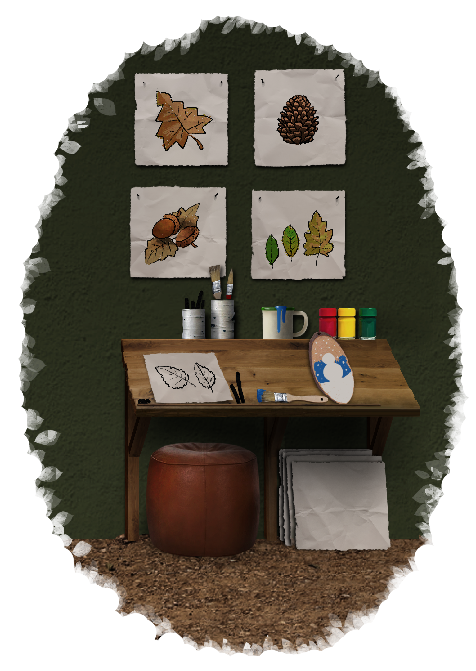 An art studio corner with a wooden desk, a brown ottoman, and crumpled paper on a brown rug. The desk has paint supplies, including brushes, paint tubes, a palette, and a sketch of leaves. The wall behind has four nature-themed pictures of leaves, pine cones, and acorns, and a green wall is partly visible.