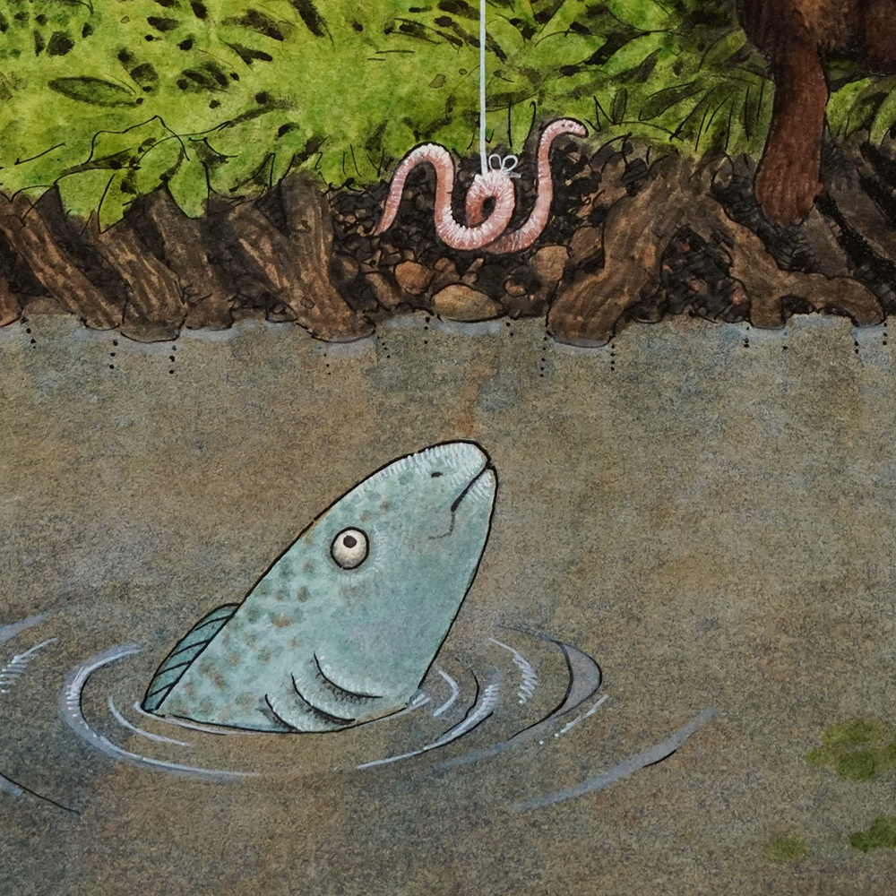 Illustration of a fish in water looking up at a worm hanging from the ground above.