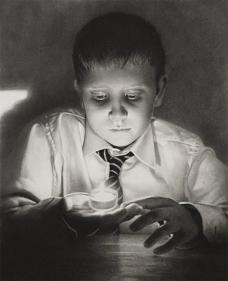 commissioned charcoal portrait by artist Andrew Mortimer - gold leaf artist