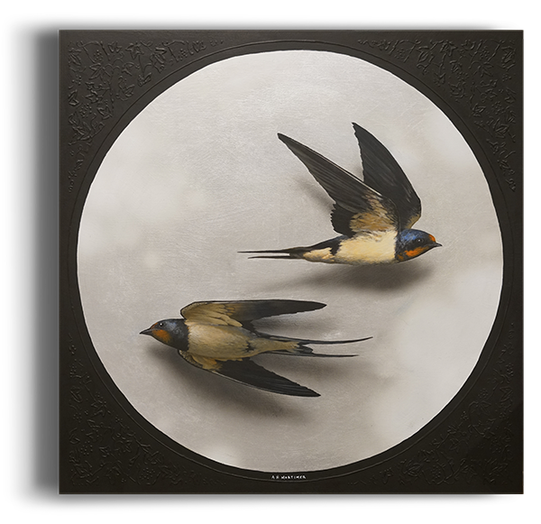 Silver leaf oil painting of birds by Andrew Mortimer - gold leaf artist.