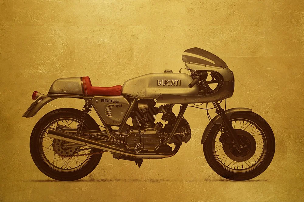 contemporary gold leaf artwork of A vintage Ducati motorcycle - Andrew Mortimer, gold leaf artist