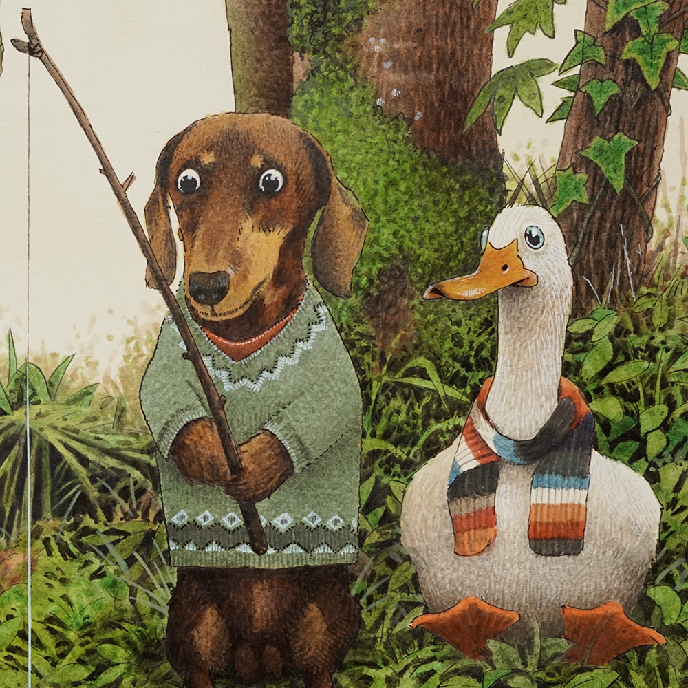 A bear and a duck with googly eyes standing in a forest, the bear holds a stick and wears a sweater, while the duck wears a scarf.