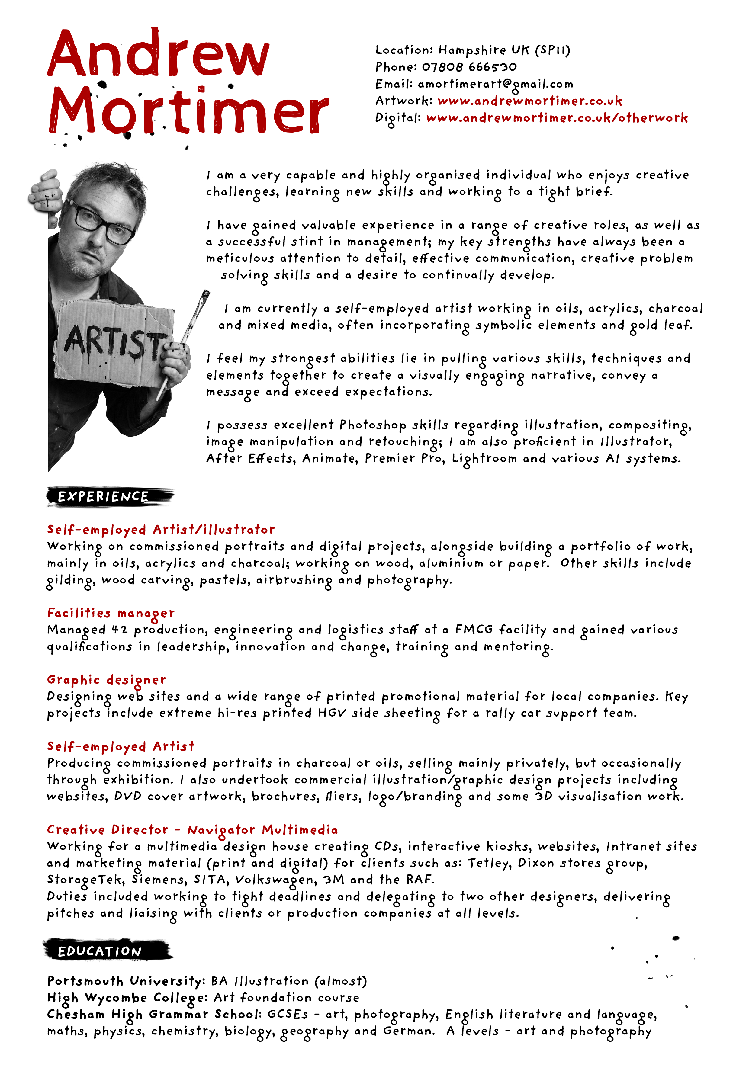 A resume of Andrew Mortimer featuring a black and white photo of him holding a sign that says 'ARTIST' and a detailed description of his skills, experience, and education as an artist and graphic designer.