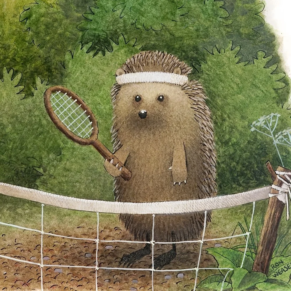 A cute cartoon hedgehog with a white headband standing behind a tennis net in a forested area, holding a tennis racket.
