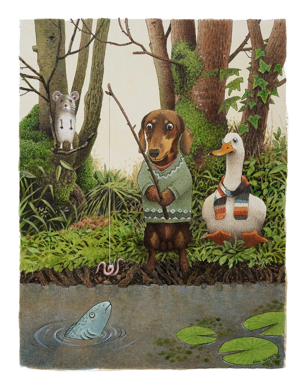 An illustrated scene of a forest with animals; a mouse in a tree, a duck wearing a scarf, and a fish in a pond, with a dog standing in the center holding a fishing rod with a fish on the line.