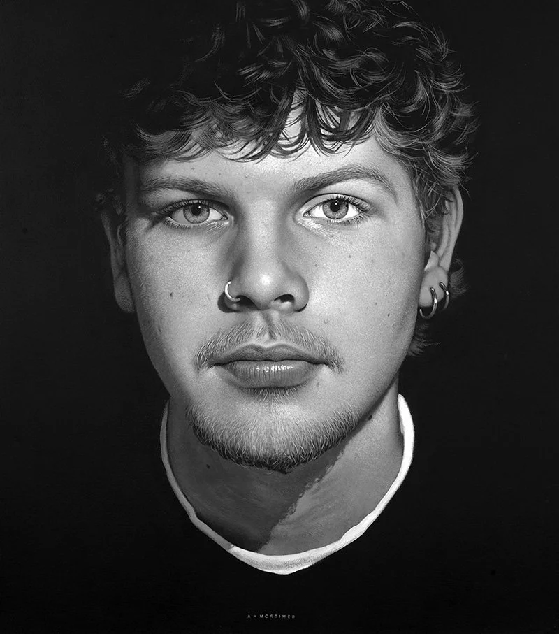 Monochrome acrylic portrait of a young man against a dark background - Andrew Mortimer portrait artist