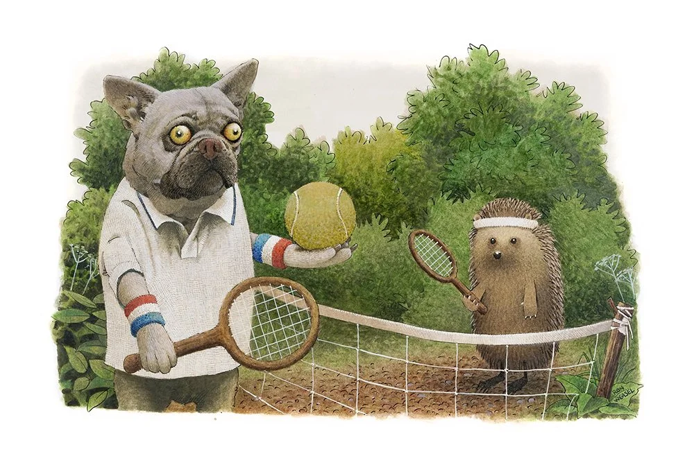 A cartoon dog with tennis balls and rackets stands on a tennis court next to a hedgehog, with trees in the background.