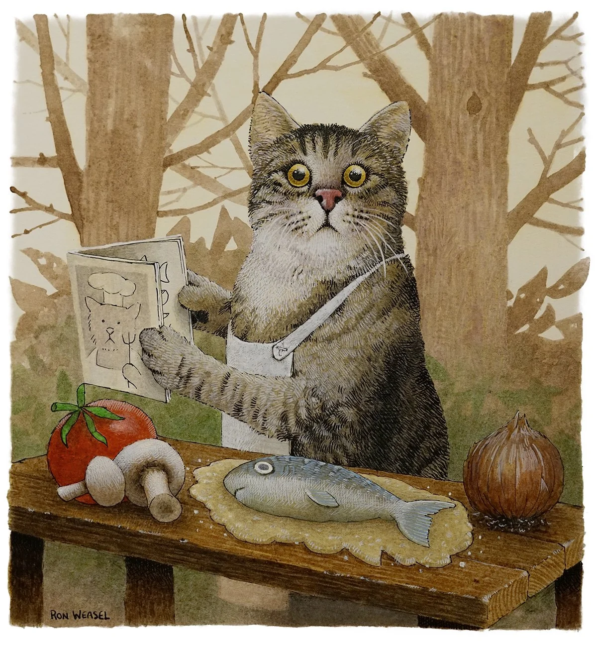 An illustration of a cat holding a cookbook, standing behind a wooden table with vegetables, a fish, and an onion, in front of a tree background.