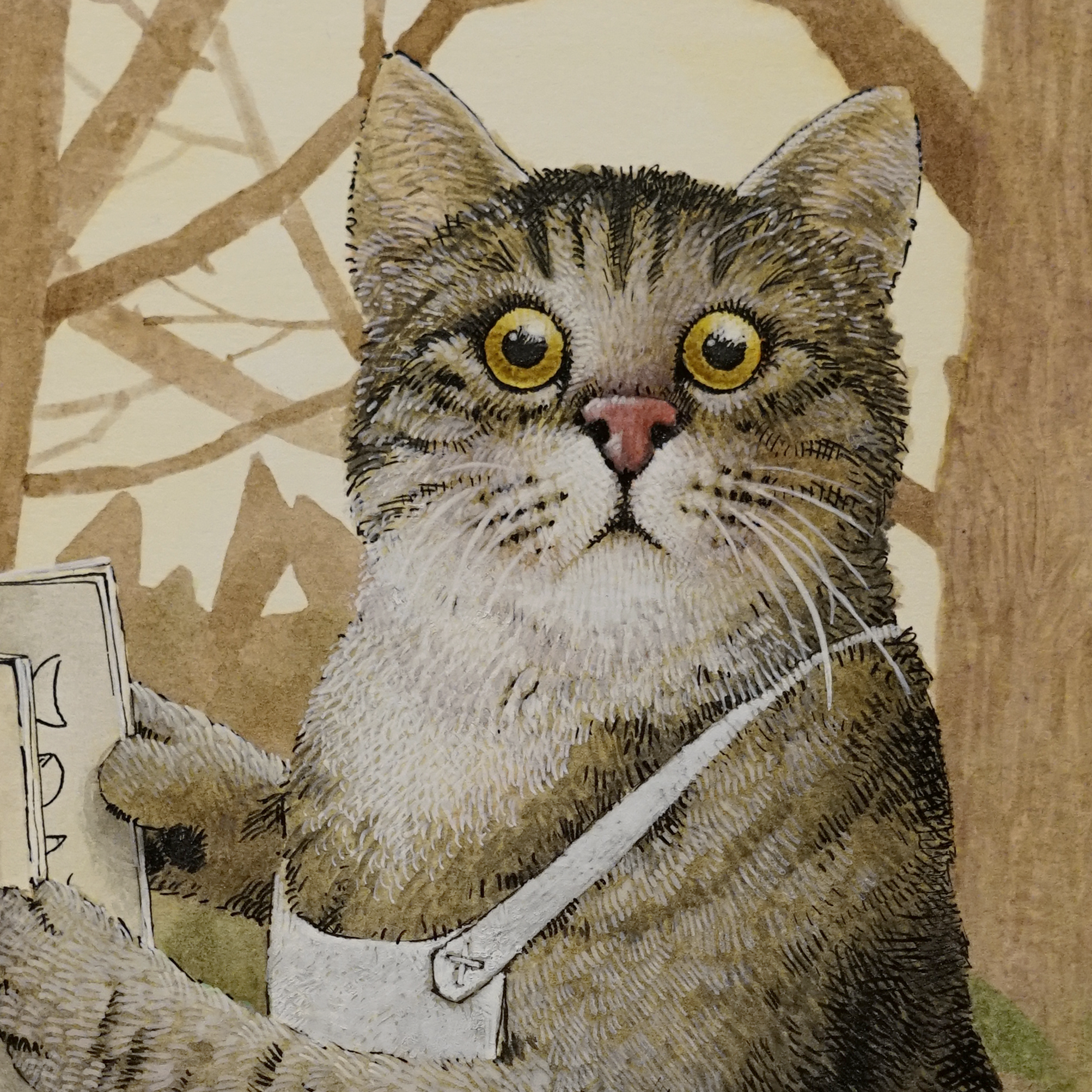 Illustration of a cat holding a phone, with a background of tree branches.