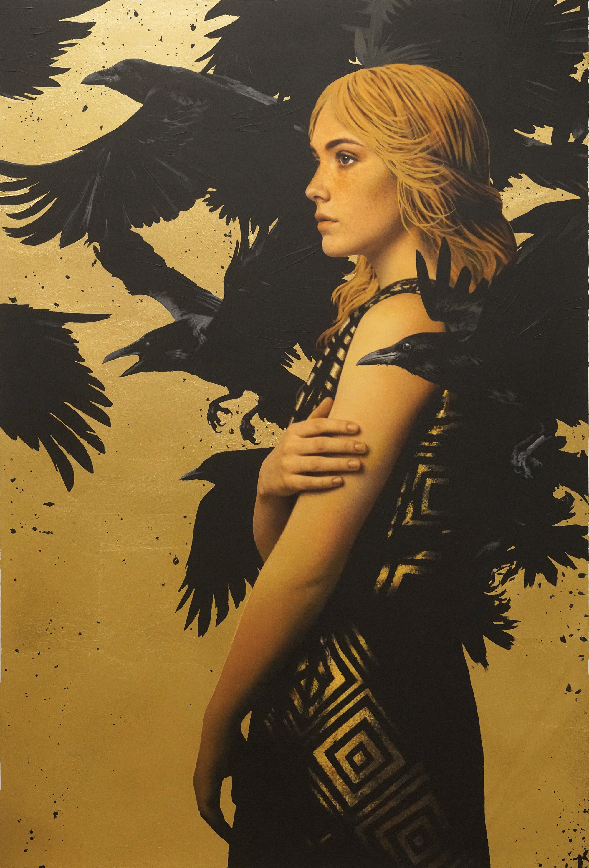 Gold leaf artwork featuring a blonde woman standing among a murder of crows on a gold leaf background