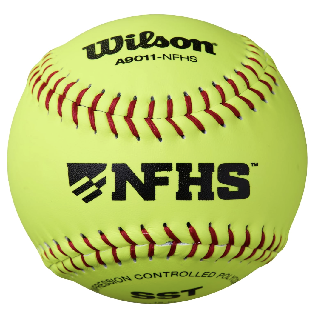 Bright yellow softball with red stitching and black text, branded Wilson and FHHS.