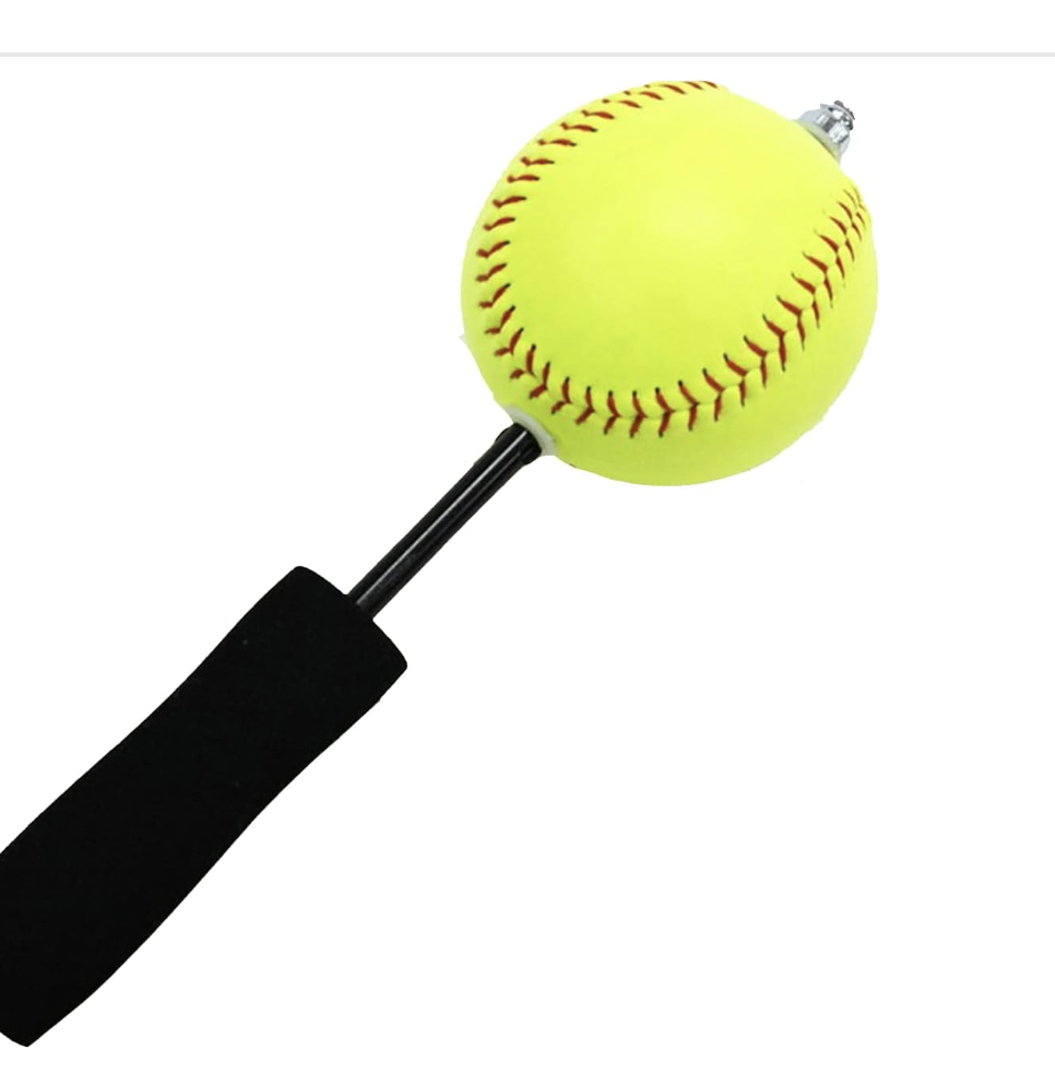 A baseball ball attached to a bat, with a black handle, placed against a white background.