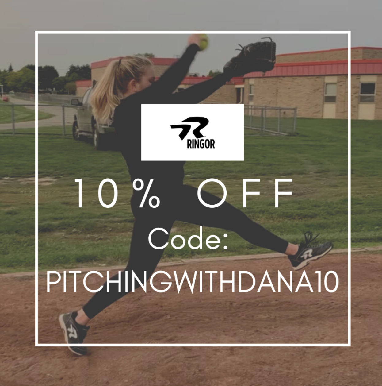 A young woman in athletic clothing throwing a baseball on a baseball field, with promotional text overlay for Ringor offering 10% off with code PITCHINGWITHDANA10.