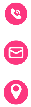 Icons for a phone call, an email, and a location marker set against pink circular backgrounds.