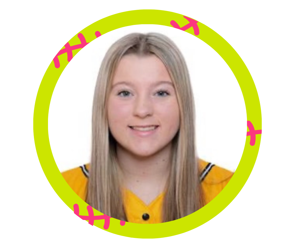 A young woman with long blonde hair wearing a yellow sports jersey, smiling against a white background with a bright green and pink graphic border.