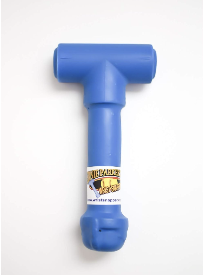Blue plastic T-shaped wrist snapper toy with a label around its middle.