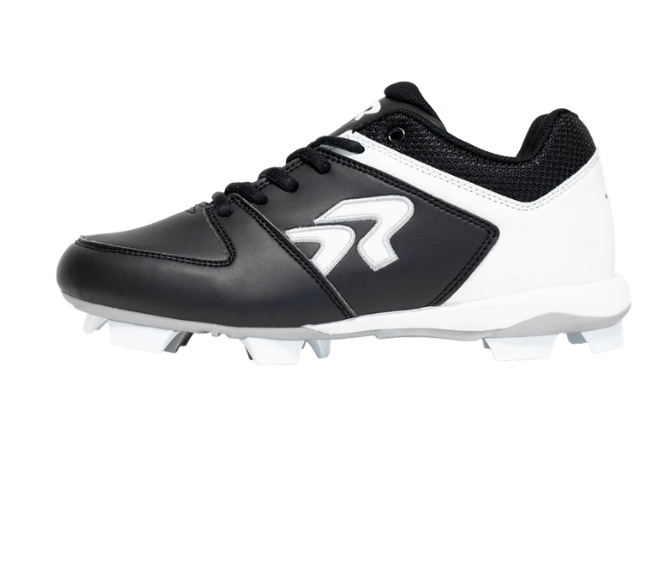 Black and white athletic cleats with a logo on the side, designed for sports use.